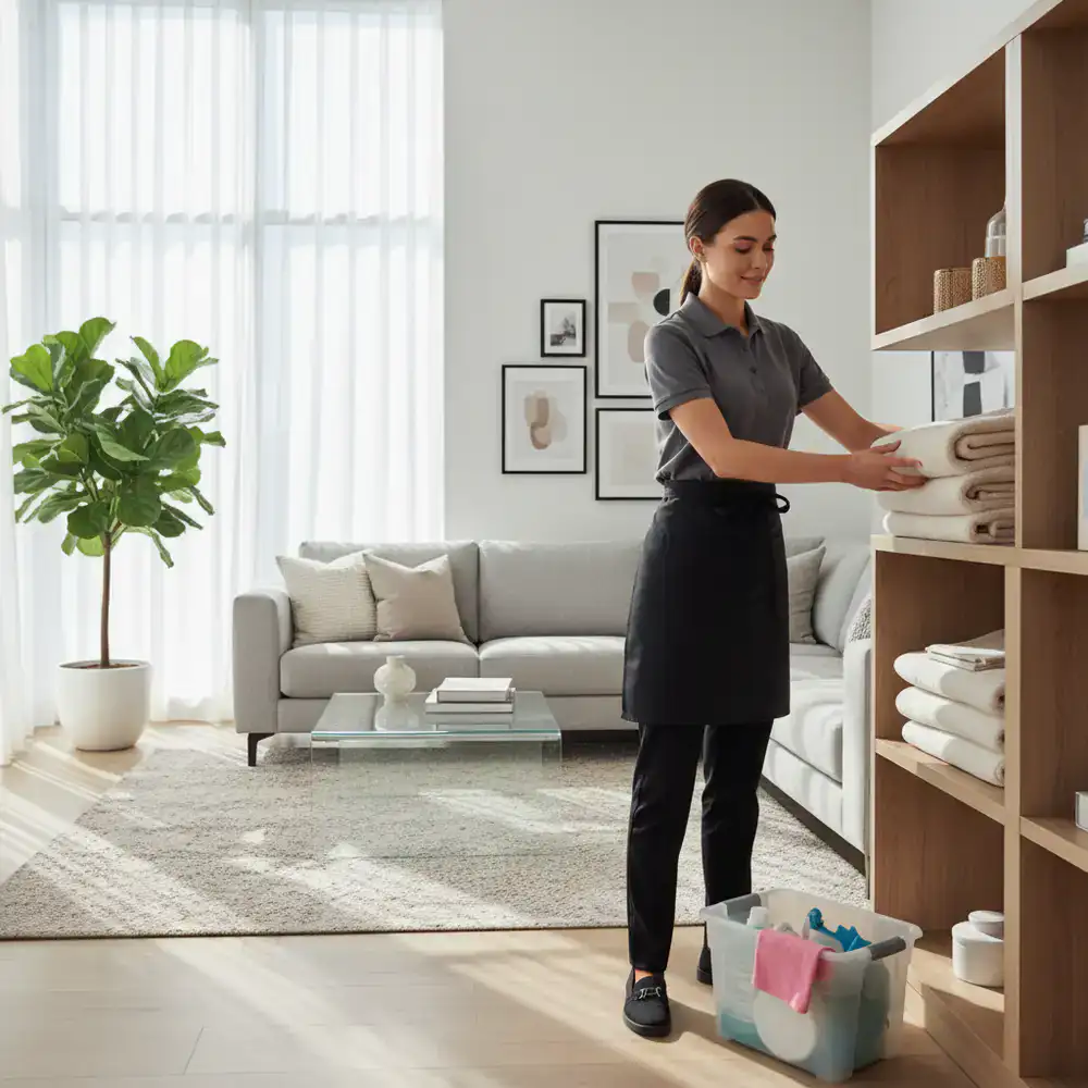 A professional cleaner organizing a brightly lit living room