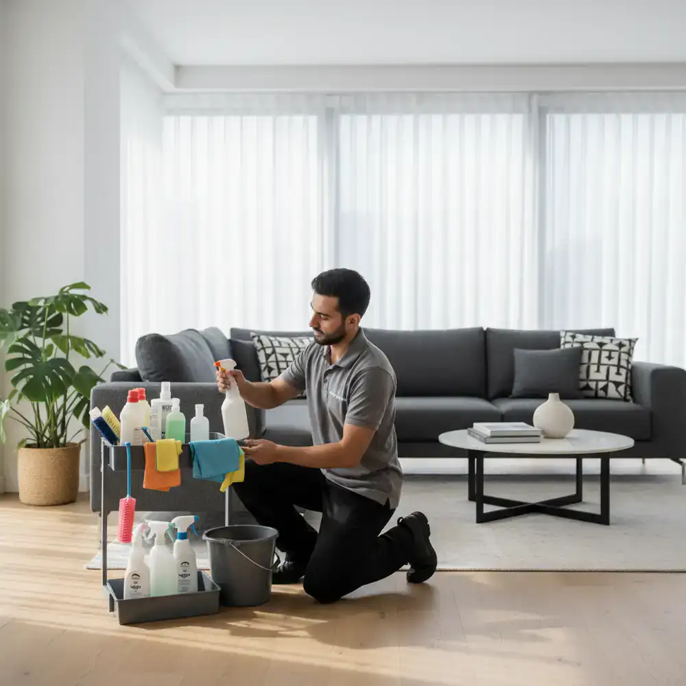 Professional cleaner preparing supplies in a modern home
