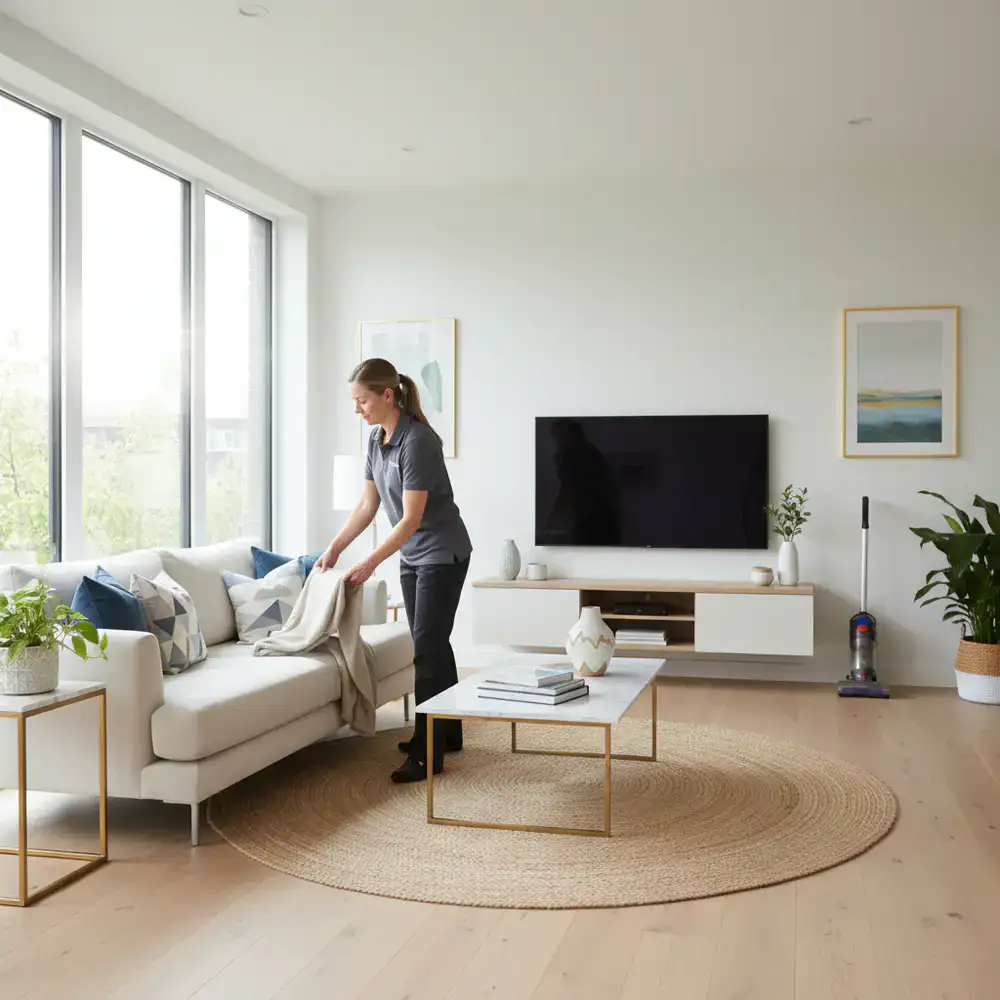 Professional cleaner organizing a bright, modern living room space