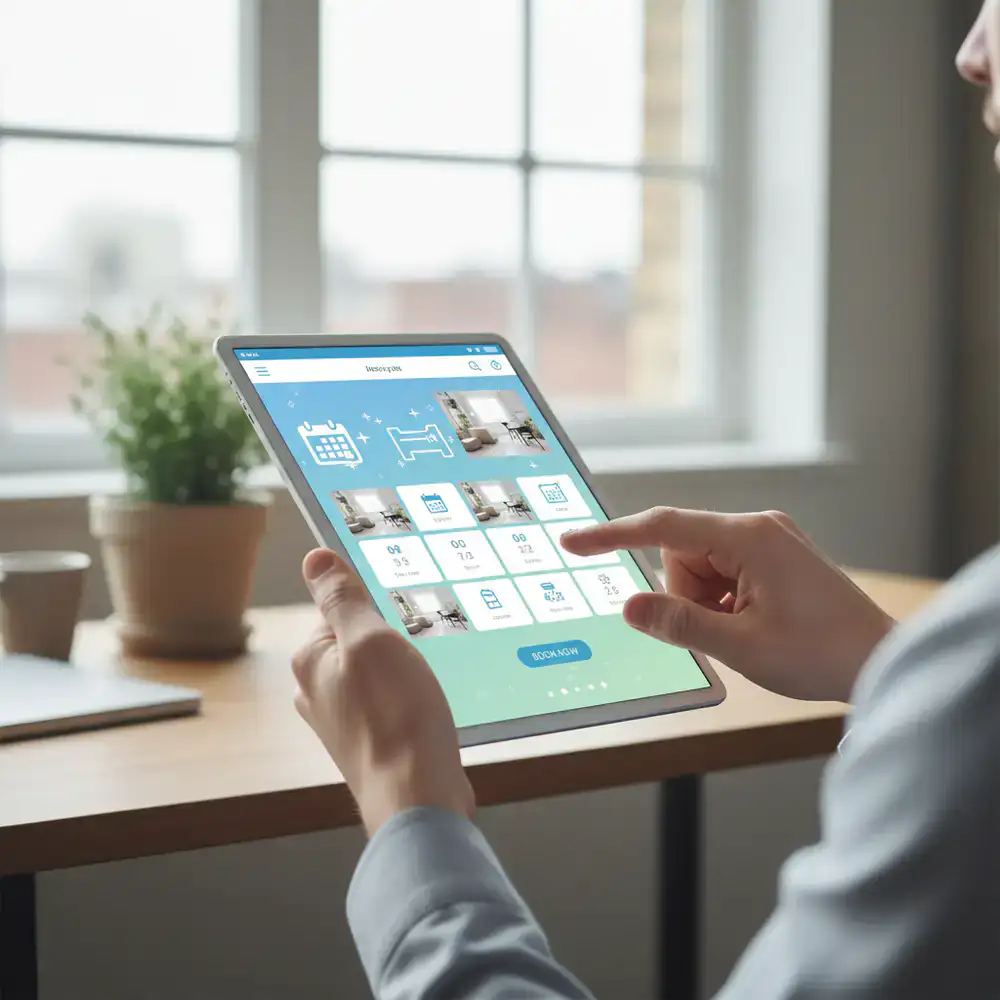 Person using the CleanBooking Hub platform on a tablet